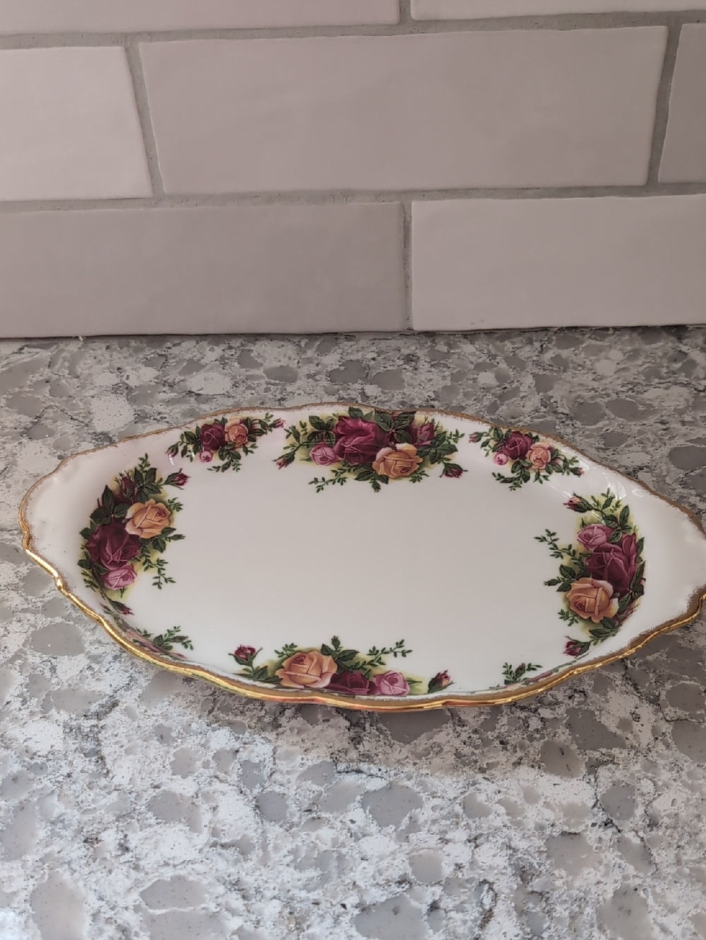 Vintage Floral Porcelain Serving Platter with Gold Trim - White with Rose Motif